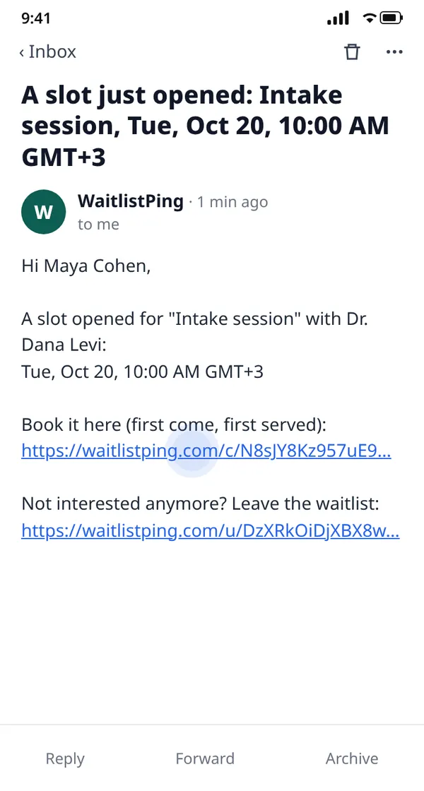Illustration of an email on a phone with the subject "A slot just opened: Intake session" and a link to book the freed time.