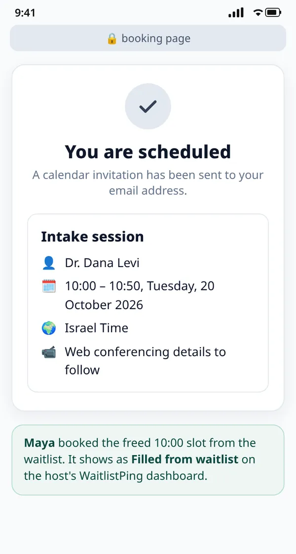 Illustration of a generic booking confirmation on a phone: "You are scheduled" for Intake session with Dr. Dana Levi on Tuesday at 10:00.
